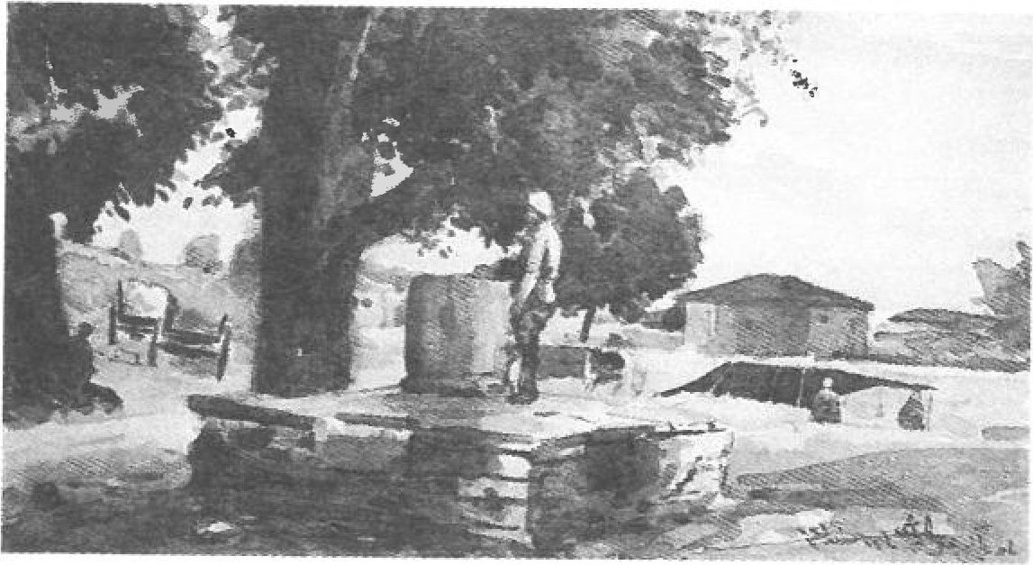 Watercolour — village well with trees